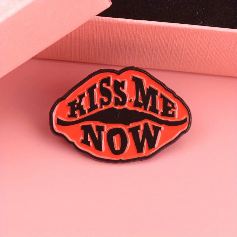 

Bold Lip "KISS ME NOW" Enamel Pin - Vibrant Orange/Black Contrast Design with Playful Typography for Bags & Denim