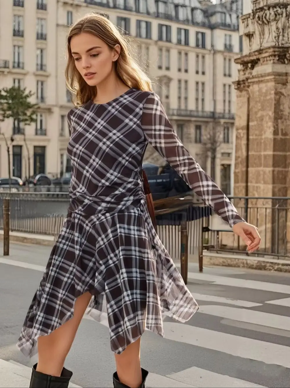 

PB&ZA Women's long sleeve plaid dress with round neck, pleated waist detail and asymmetrical flared hem