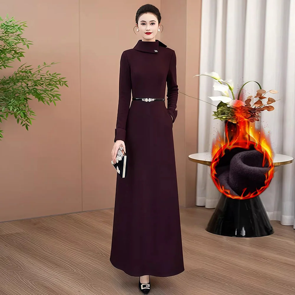 

New Women Velvet Liner Long Dress Autumn Winter Fashion Stand Collar Long Sleeve Slim Waist Dress Elegant Asymmetric Dress