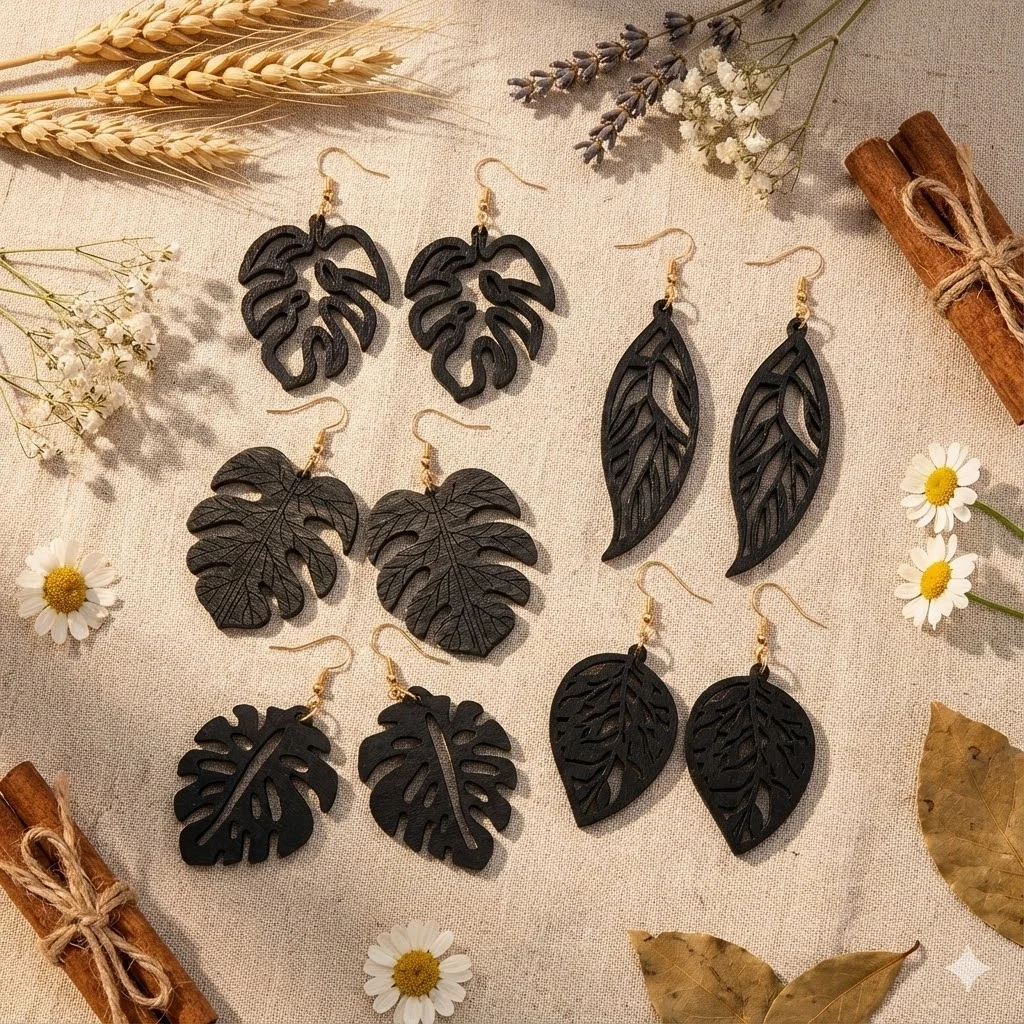 5 Paar modische Holzohrringe für Damen, böhmischer pastoraler Stil, schwarze hohle Blattform, Holz, geeignet für Urlaub und Alltag, Weihnachtsgeschenk