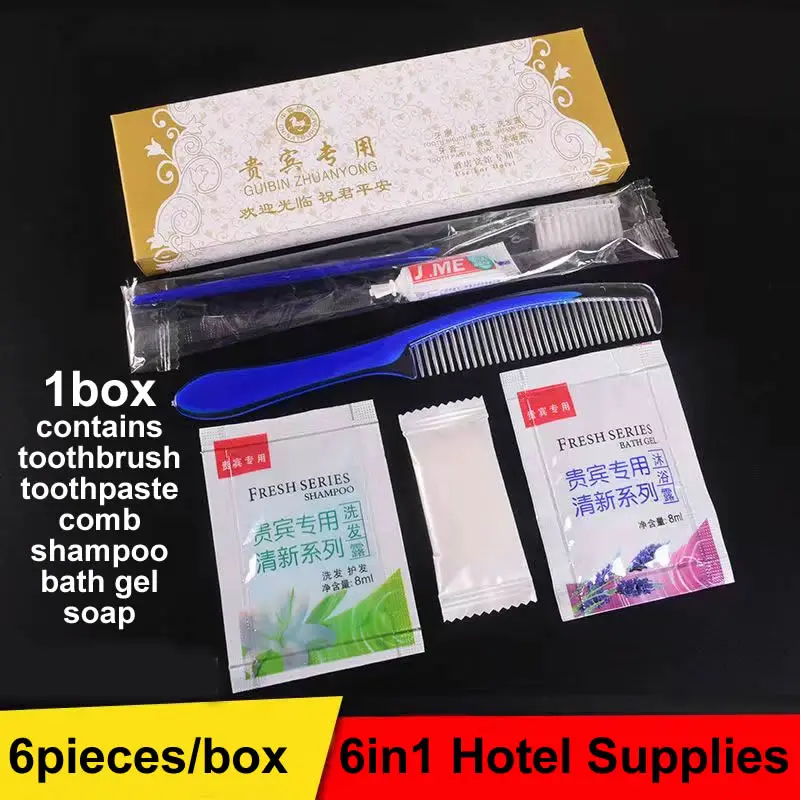 Boîte en papier 6 en 1, ensemble de brosses à dents + dentifrice + peigne + shampoing + Gel douche + savon, emballage hôtel voyage bain, livraison gratuite