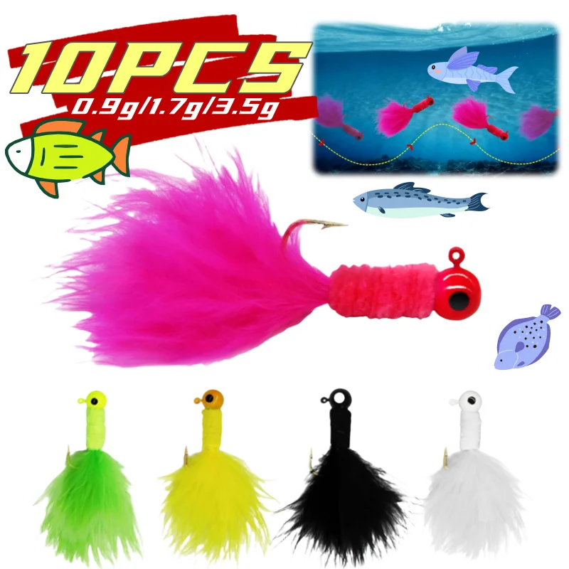10/5PCS Fishing Lure Feather Metal Hook Head Crappie Jig Heads Marabou Feather Walleye Panfish Bluegill Perch Sunfish Bait Pesca
