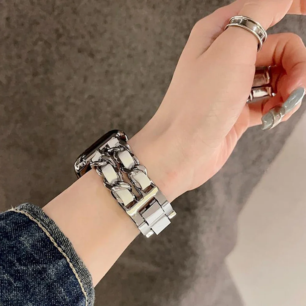 Women Steel Strap for Apple Watch series 9 8 7 6 se 5 4 49mm 45 Luxury Metal band for iwatch 44 40mm 41 Leather double Bracelet