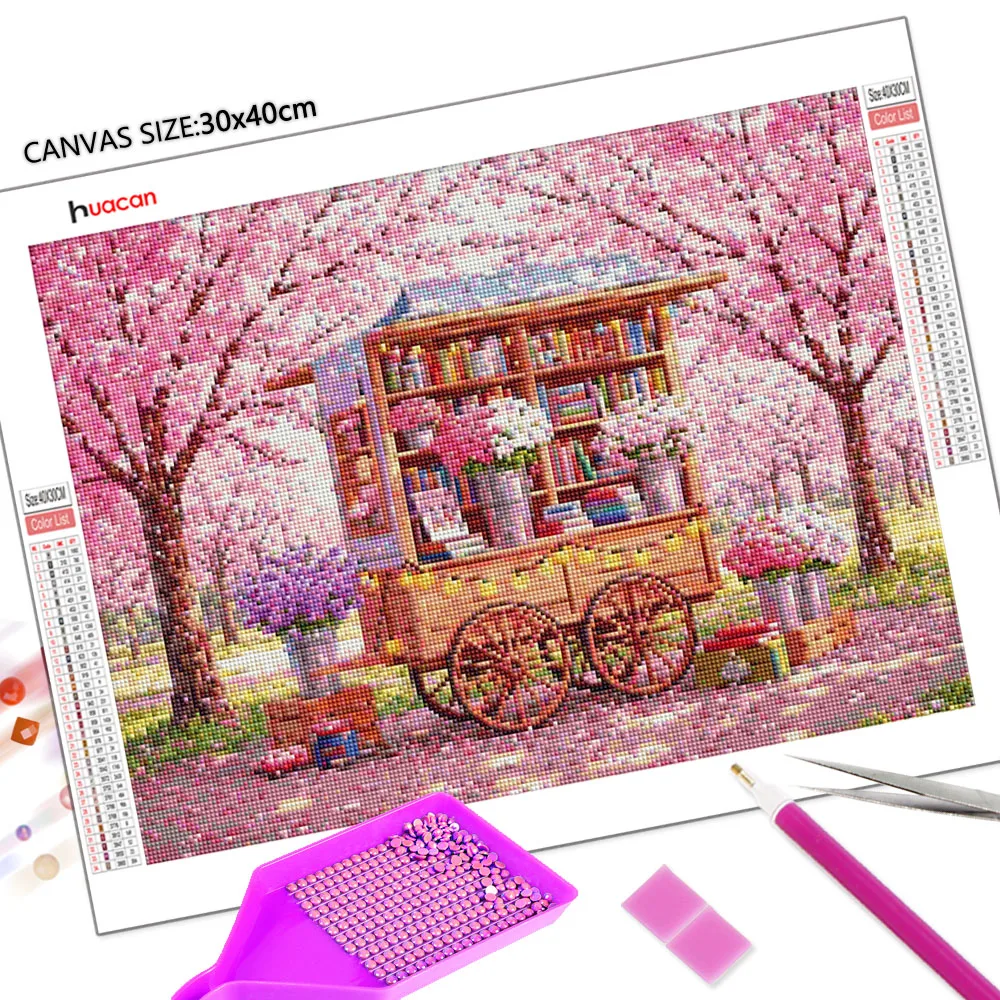 Huacan 5D DIY Diamond Painting Cherry Blossom Tree Bookshelf Flowers Diamond Mosaic Landscape Set Home Decoration view 2