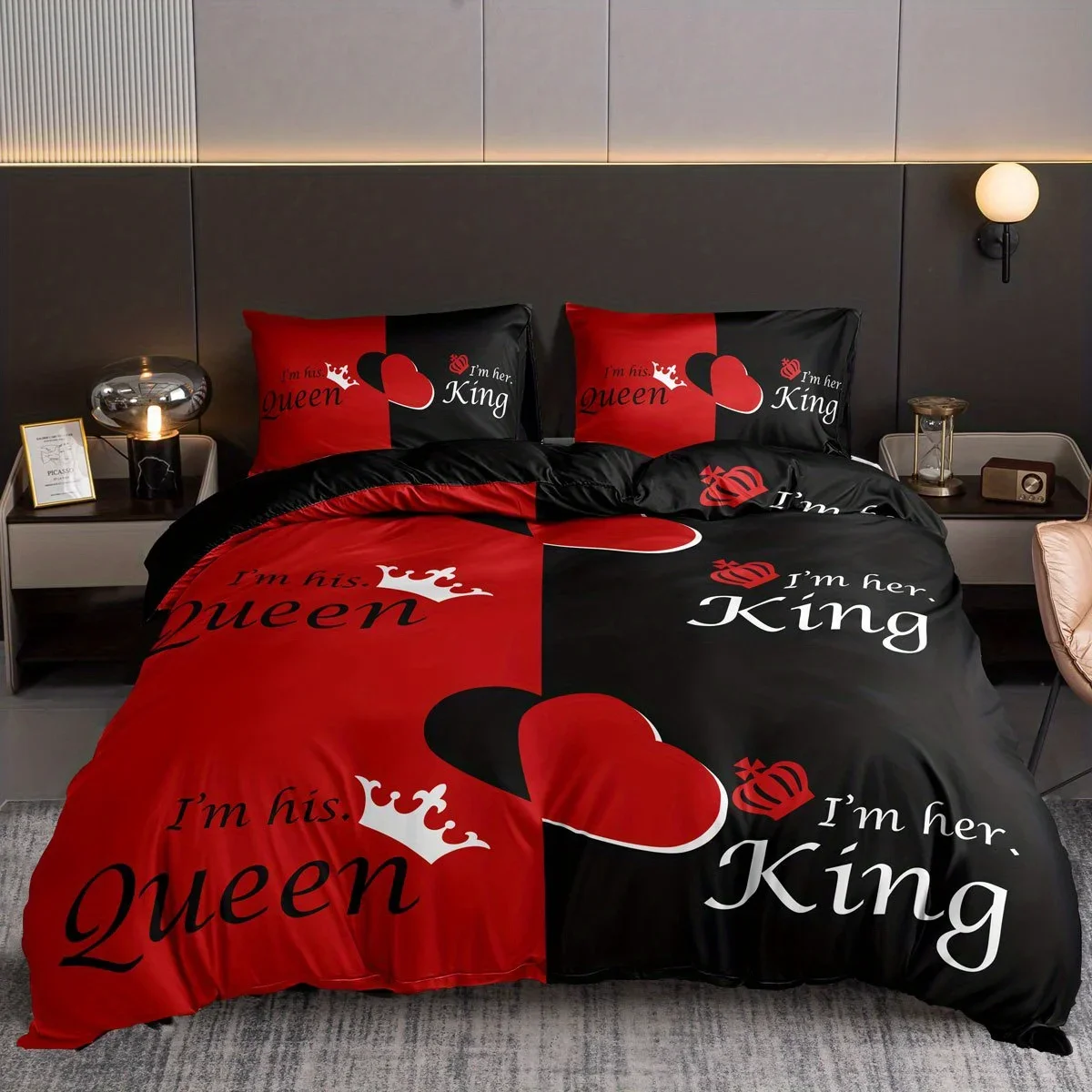 

3PCS Luxury Black RedCrownLove Couple Printed BedSet Duvet Cover BeddingSet Comfortable Breathable Comforter Queen Duvet Cover