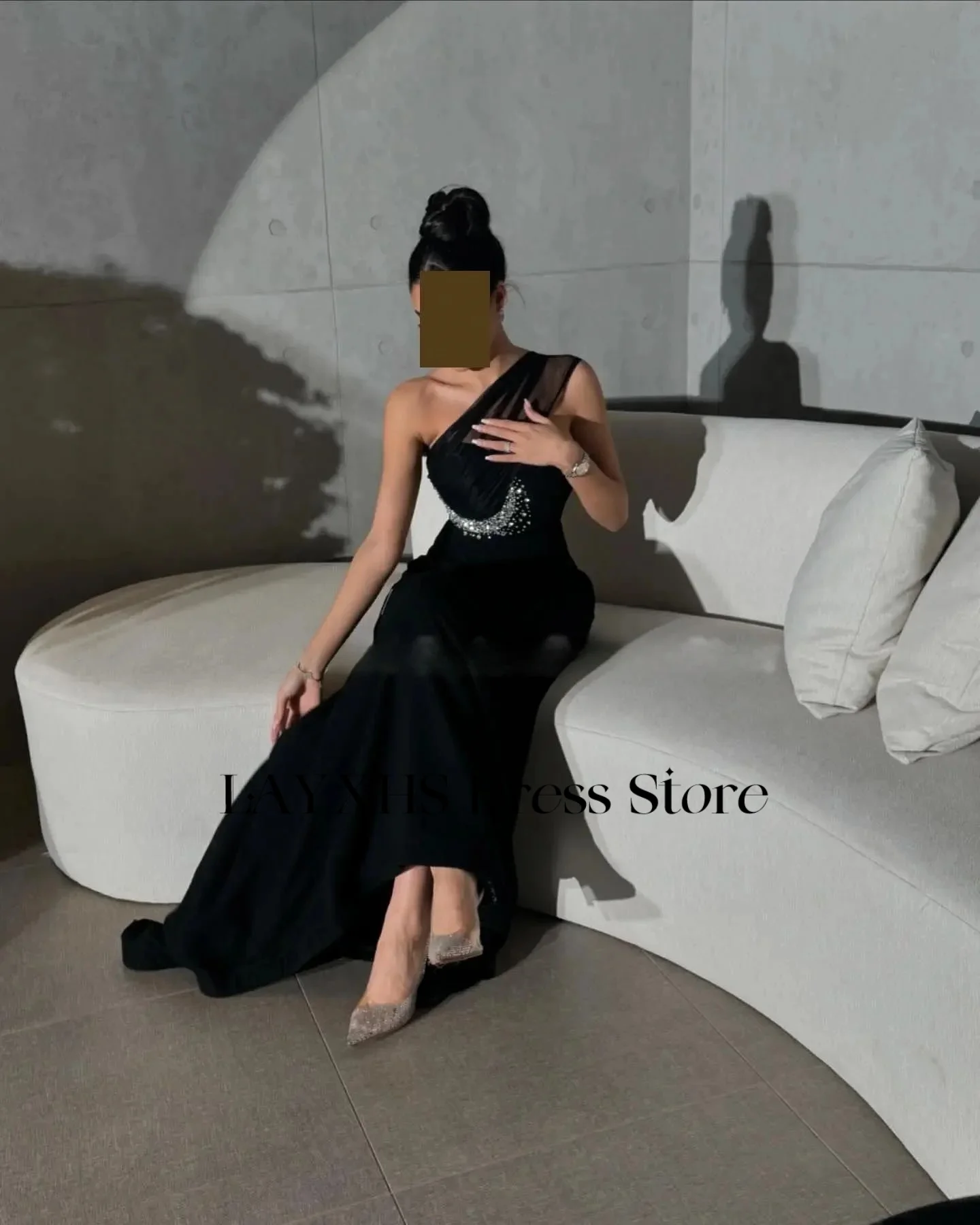 LAYXHS セクシーなブラックワンショルダーイブニングドレスマーメイドビーズフロアレングスウエディングドレスカスタマイズされた فساتين سهرة