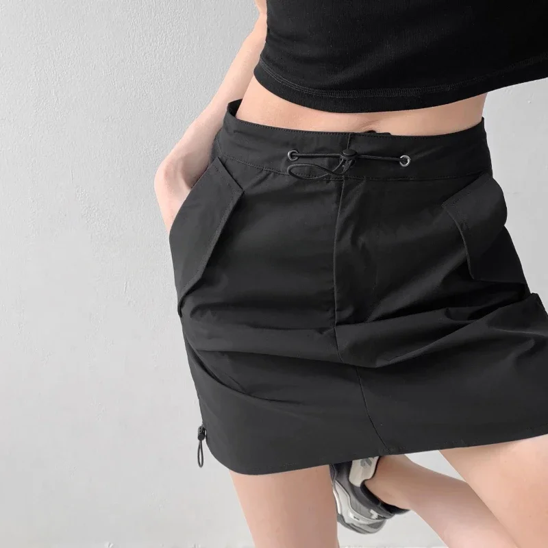 Gonne Donna Vintage Autunno Nuovo A pieghe A-line Vita alta Tasche con coulisse solide Slim-fit All-match Streetwear Semplice Casual