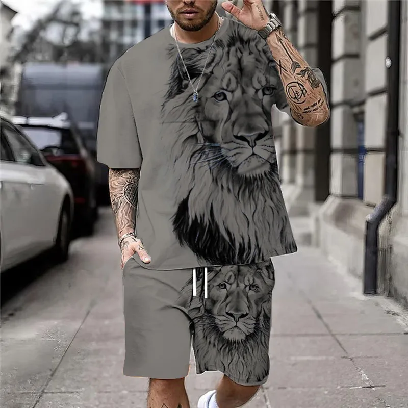 Plus Size 3D Lion Print Men\'s Cool T-shirt Shorts Set For Sports fitness Summer Street Style Oversized Graphic 2Pcs Men Clothing