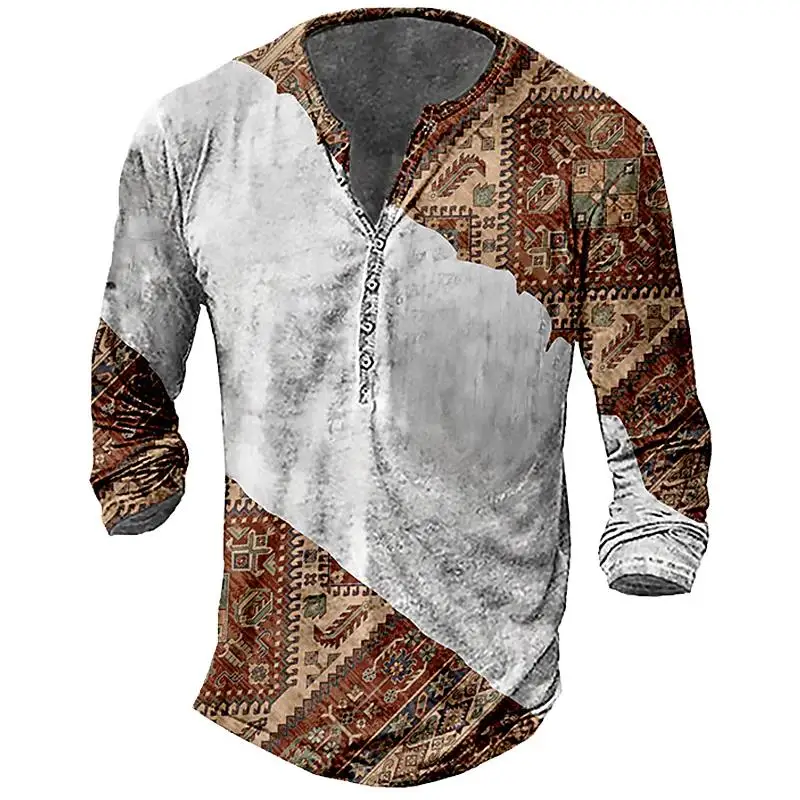 Vintage Men's Cotton T-Shirts With Button Ethnic Pattern Print Spring Autumn O-Neck Long Sleeve Oversized T Shirts Male Clothing