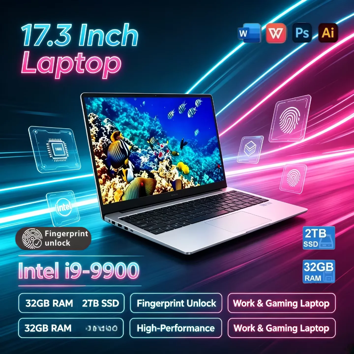 32GB RAM 2TB SSD Intel Core i9 9900 17.3 Inch Laptop Fingerprint Unlock Multitask Without Limits, Work Gaming High Performance