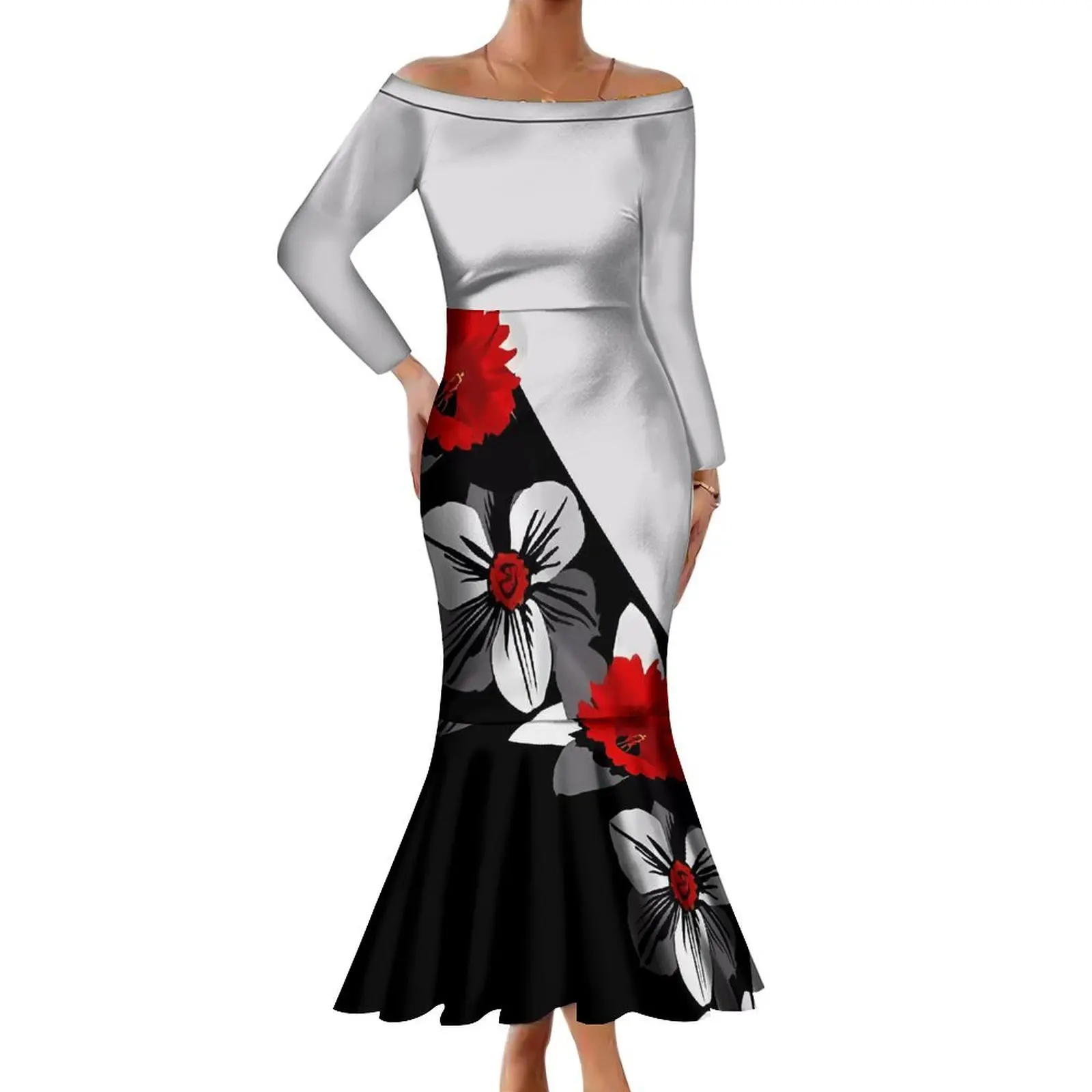 

Polynesian Hibiscus Flower Dress Samoa Island Club Women'S Dress New Line Shoulder Maxi Skirt Mermaid Hemline