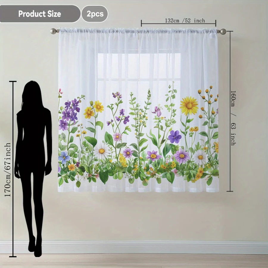 2PCS Digital Print Sheer Curtains, Watercolor Wildflowers, Artistic Nature Meadow Painting for Bedroom Living Room Home Decor