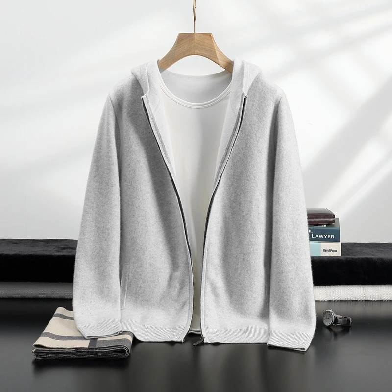 Men's 100% Cashmere Sweater Cardigan Hoodie Collar Contrast Hood Lining Chic Regular Sharp Business casual Knit Outerwear