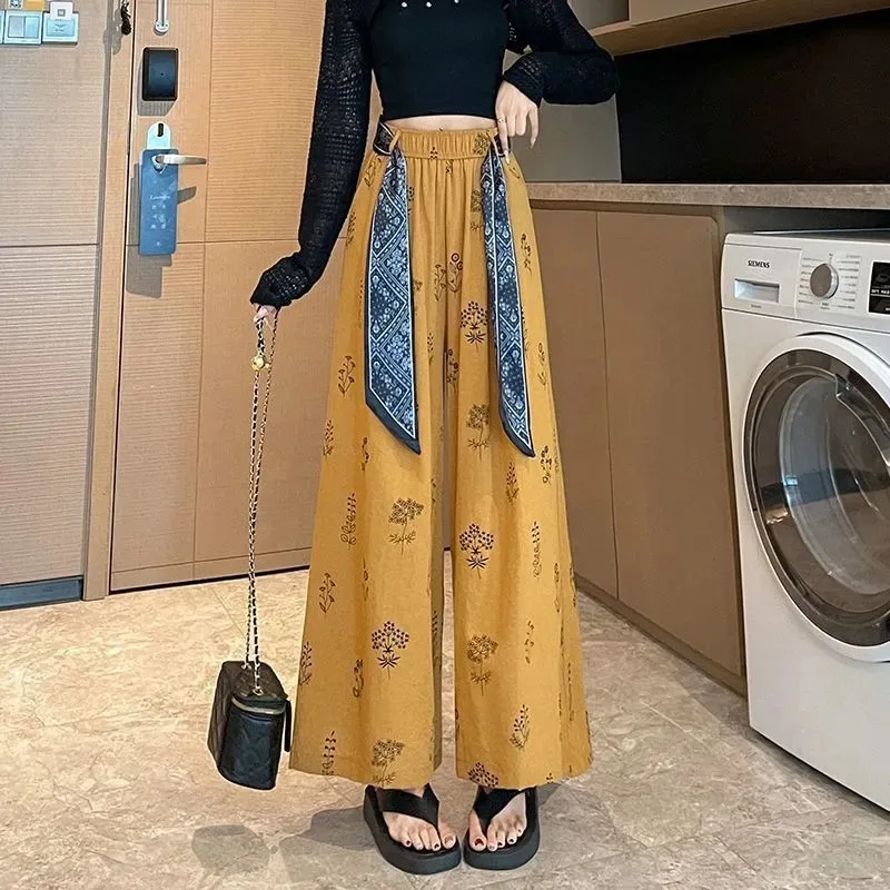Women's Floral Wide-leg Pants Elastic Waist With Bandana Detail Flowy Palazzo Fit