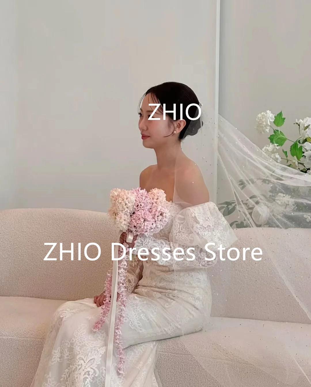 ZHIO ชุดแต่งงานลูกไม้ Mermaid พัฟแขนเกาหลีถ่ายภาพ Sweep Train ชุดเจ้าสาวรัดตัวที่กําหนดเอง Elegant 