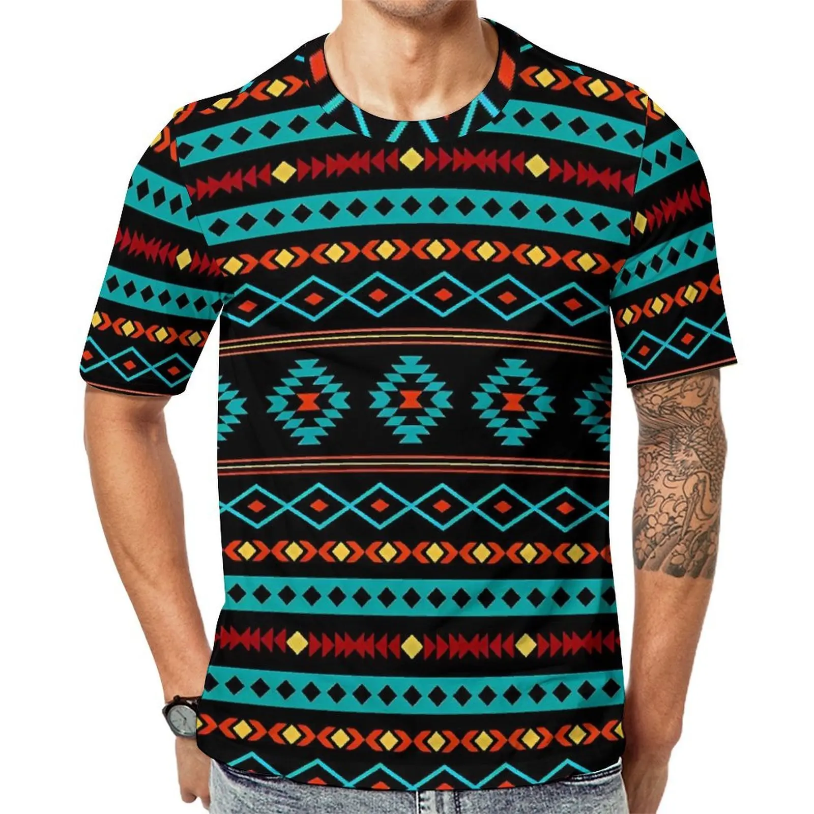 Aztec Art T-Shirt For Men Red Yellow Black Printed O Neck T-Shirts Summer Harajuku  Tops Short Sleeve Basic Oversized Tee Shirt