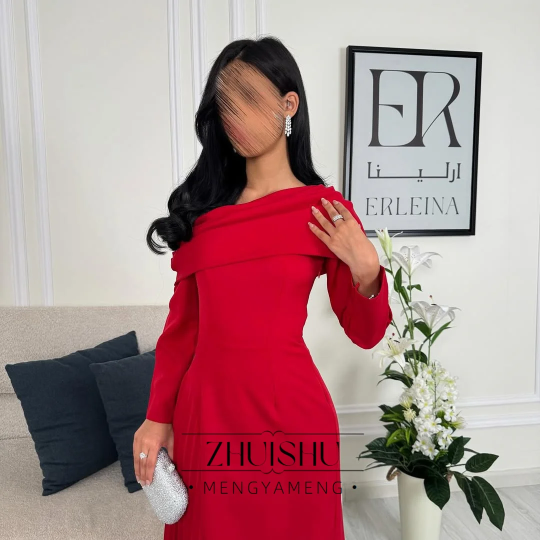 ZHUISHU 특별한 날을 위한 레드 사우디어 댄스 파티 드레스 보트 넥 긴 소매 사이드 플리츠 파티 드레스 맞춤형 발목 길이