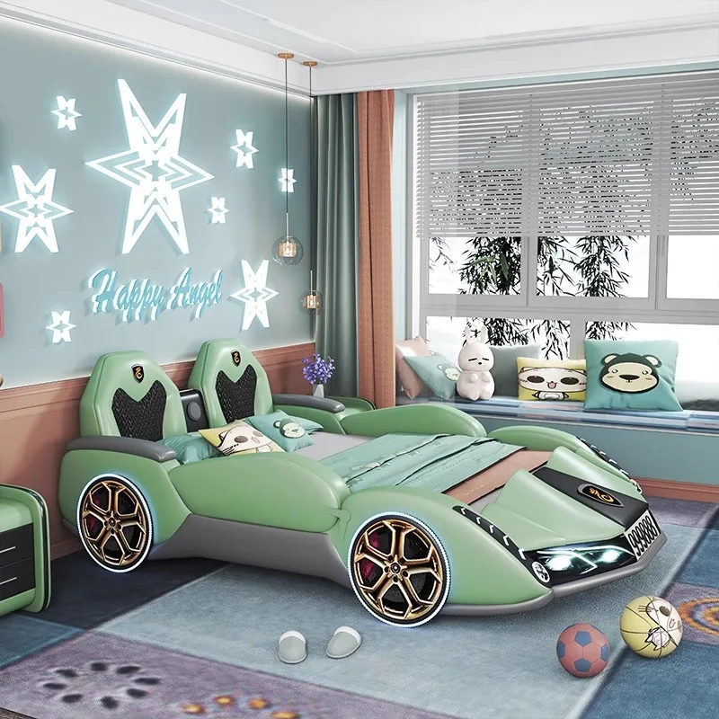 Letto per bambini a forma di auto sportiva di nuovo stile per ragazzi, 1,2 m con guide, letto singolo creativo in legno massello di cartone animato, 1,5 m