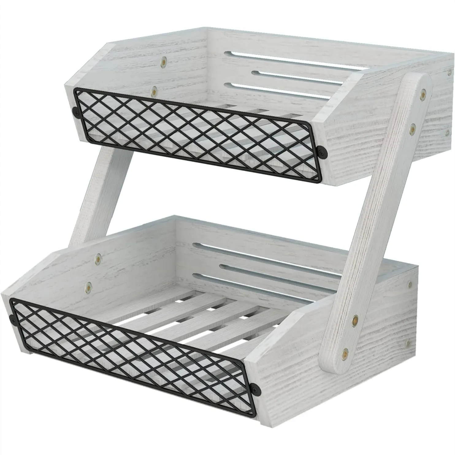 

Rustic Wooden Fruit Basket for Kitchen Counter, 2 Tier Vegetable Storage with Metal Mesh, Bread Holder Stand