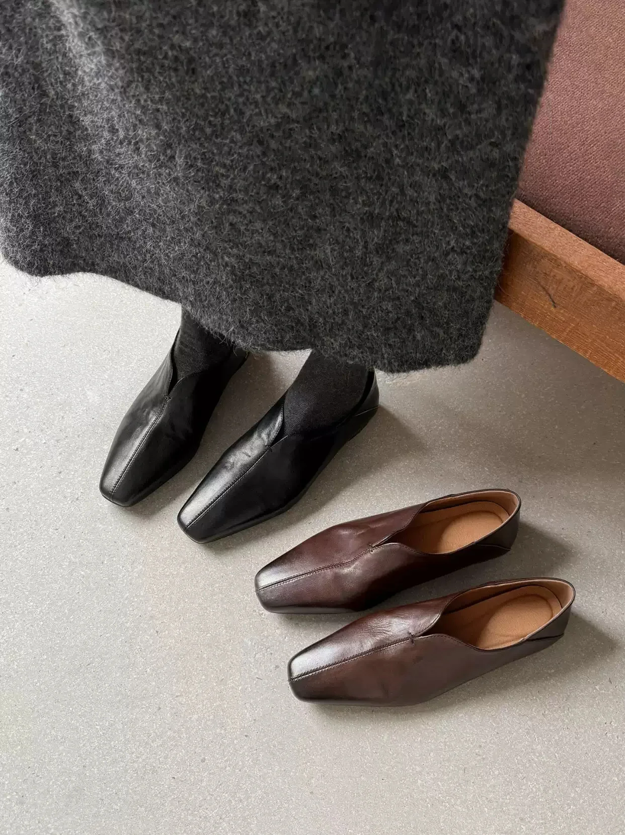 Women's Soft Leather Square Toe Slip On Flat Loafers Minimalist V Cut Casual Dress Shoes Back Can Be Slippers Comfort Footwear