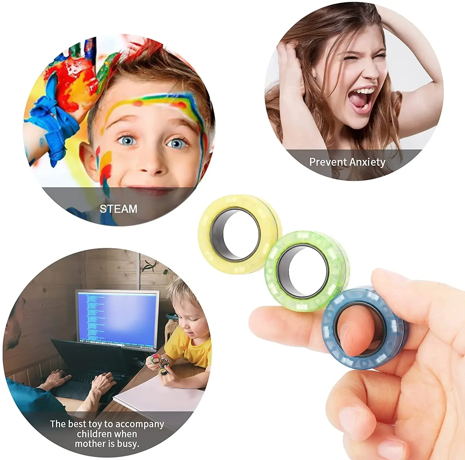 Anneaux magnétiques colorés pour adultes, ensemble de jouets Fidget, anneaux rotatifs pour soulager le Stress, thérapie de soulagement de l'anxiété, 3 pièces