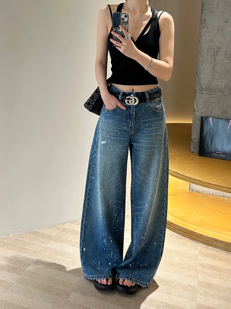 

Sparkling Wide Leg Straight Jeans High Waist Loose Fitting Diamond Embellied Floor Length Women's Denim Pants Commute Sle