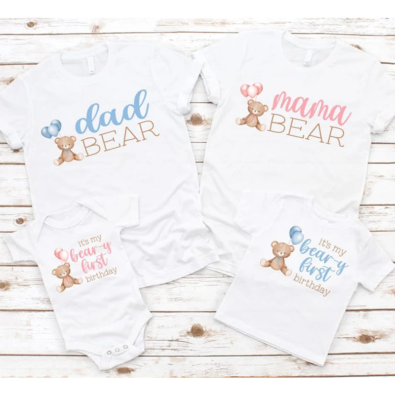 Teddy Bear Birthday Shirts for Family  1st Birthday Girl Boy Beary First Birthday Mama Bear Brother Nana Bear Pink Blue T-shirt