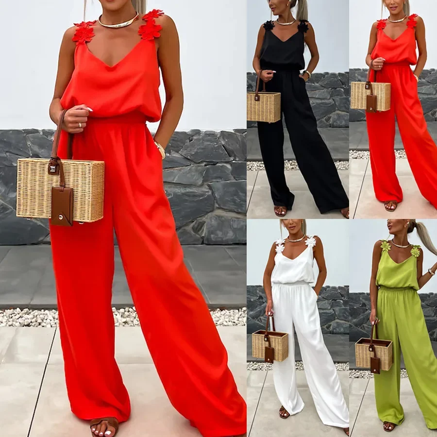 

Women Spring Summer Jumpsuit Solid Color V Neck Sleeveless Wide Leg Pants Casual Sexy Fashion Comfortable Regular Standard Fit