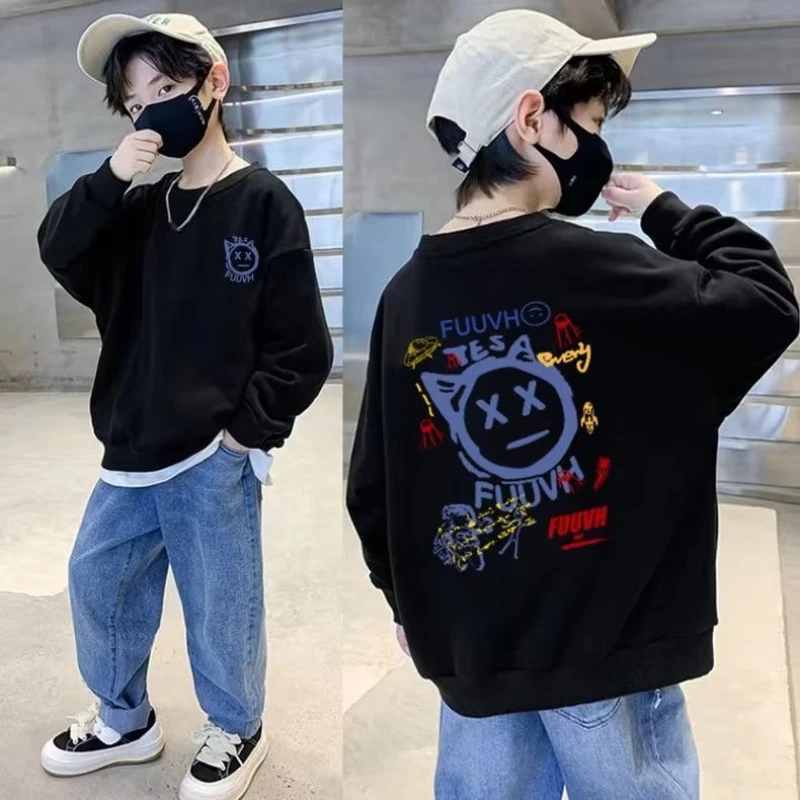 2023New Kids Clothes Boys Interest Cartoon Print Fashion Sweatshirts Children's Spring & Autumn O-Neck Casual Versatile Pullover