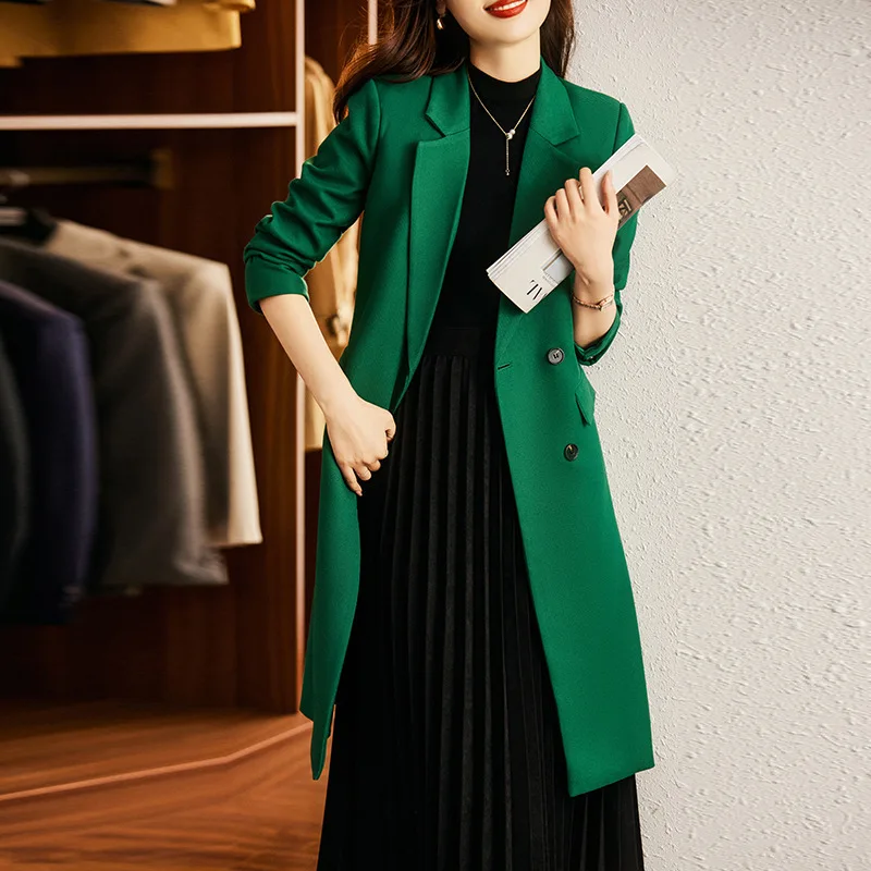 Women Windbreaker Middle Long Coat Elegant Green Autumn Winter Blazers Professional Overcoat Blaser High Quality Fabric Clothes