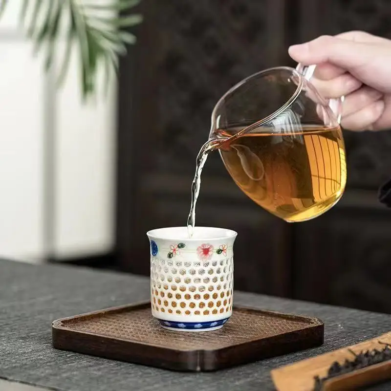 Crystal Hollow Tea Cup White Ceramic Teaware Blue Porcelain Teacup Kung Fu Tea Set Gifts Drinkware Water Cup Puer Tea Bowl