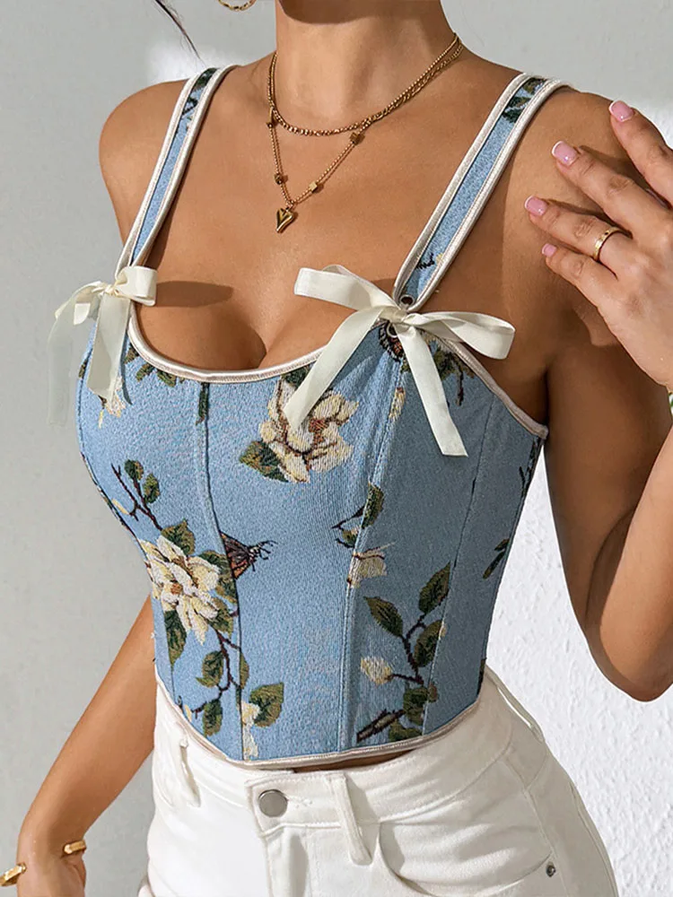 Vintage Floral Butterfly Print Corset Top Women Bow Spaghetti Strap Sweetheart Neck Crop Sleeveless Camisole