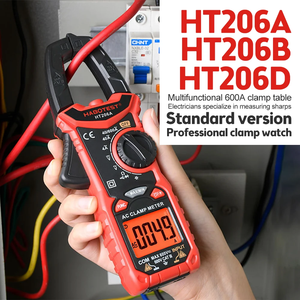 HT206A HT206B HT206D Digital Clamp Meter TRMS 6000count 600A DC AC Current AC/DC Voltage NCV Continuity Resistance Diode Hz Test