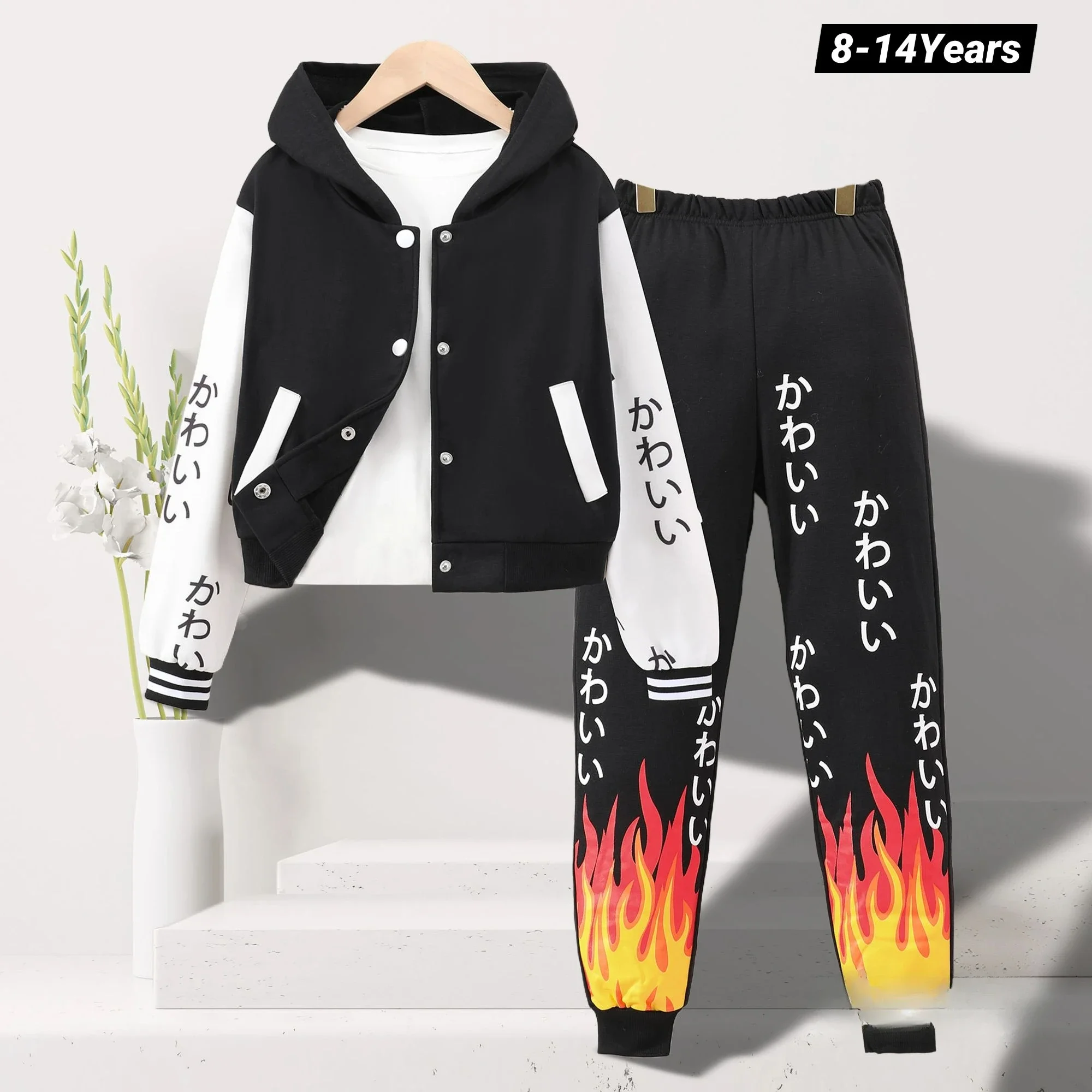 

Kids Boys Clothing Set New Fashion Long Sleeve Hooded Japanese Flame Print Top+Pants Autumn Winter Teens Suit 8-14 Years Old