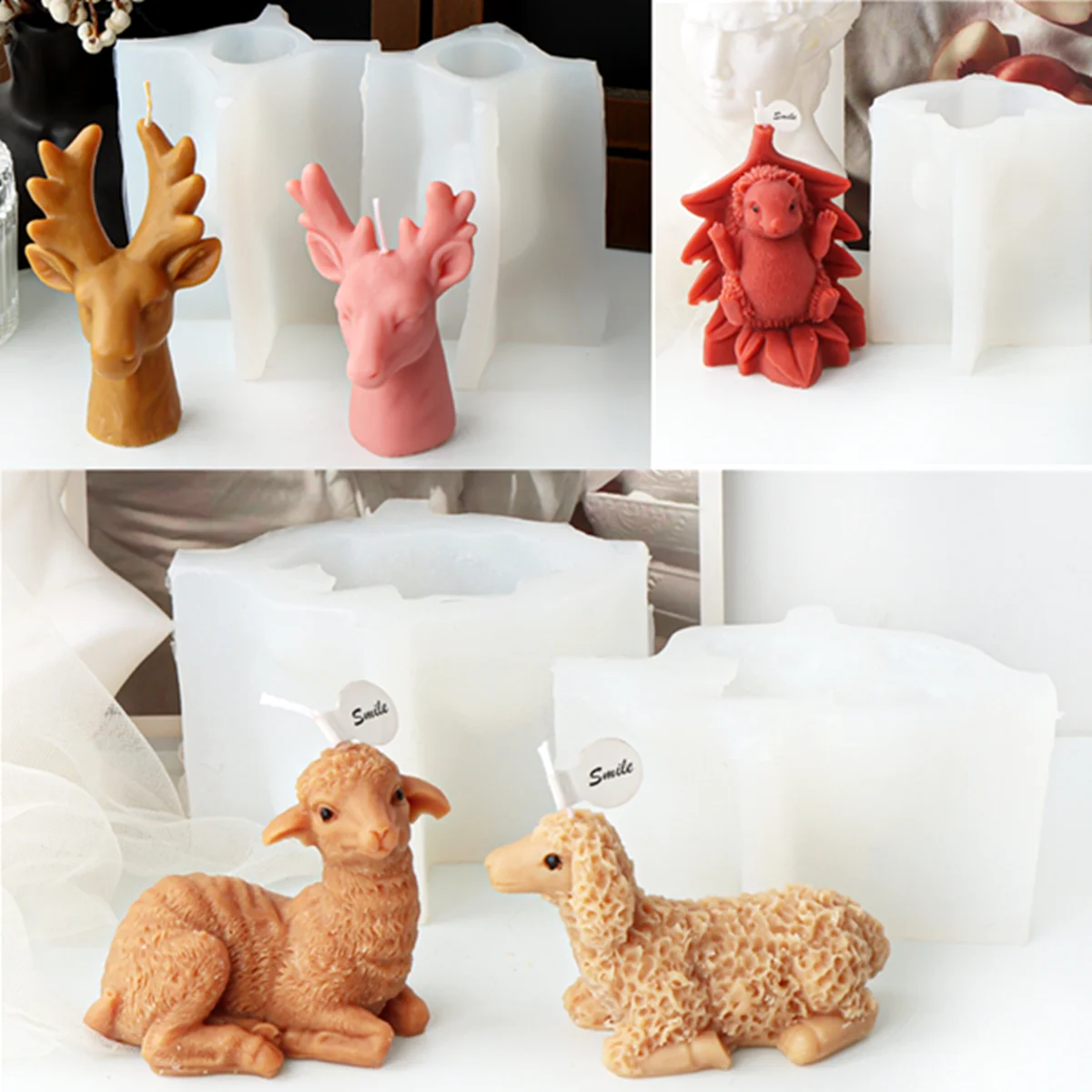 3D Animal Sheep Hedgehog Sika Deer Head Silicone Mold Decorating Tools DIY Making Candle Aromatherapy Gypsum Resin Mould