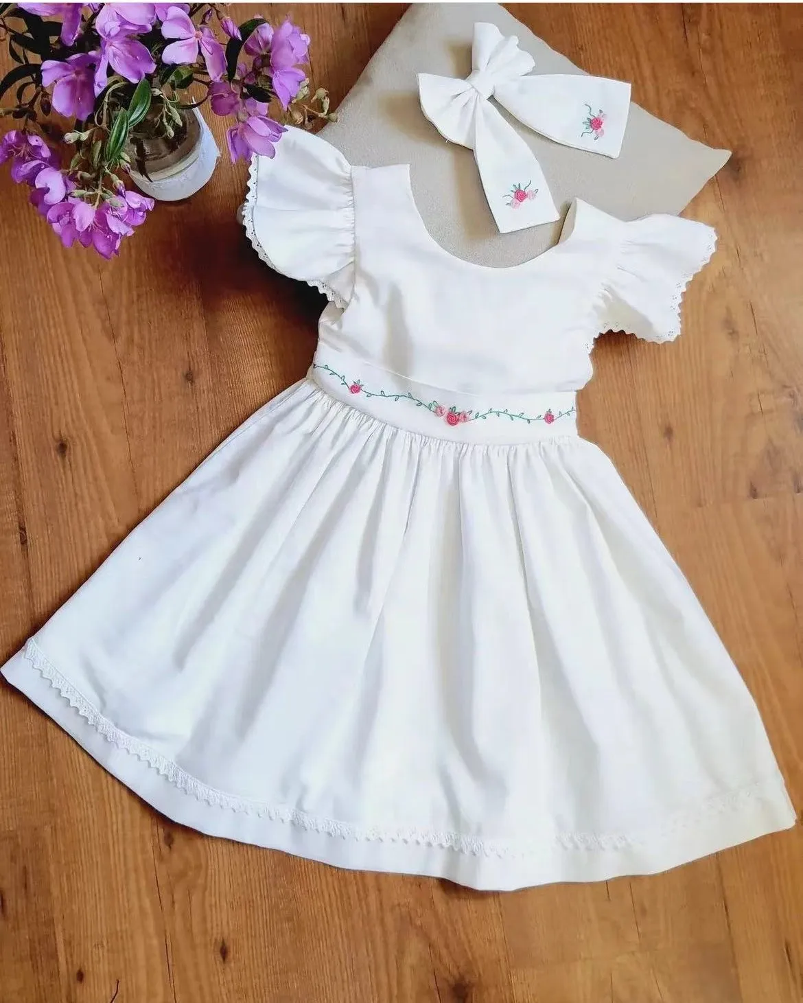 1-12Y Baby Girl Summer Handmade Flower Embroidery White Dress for Birthday Holiday Photography Eid Casual