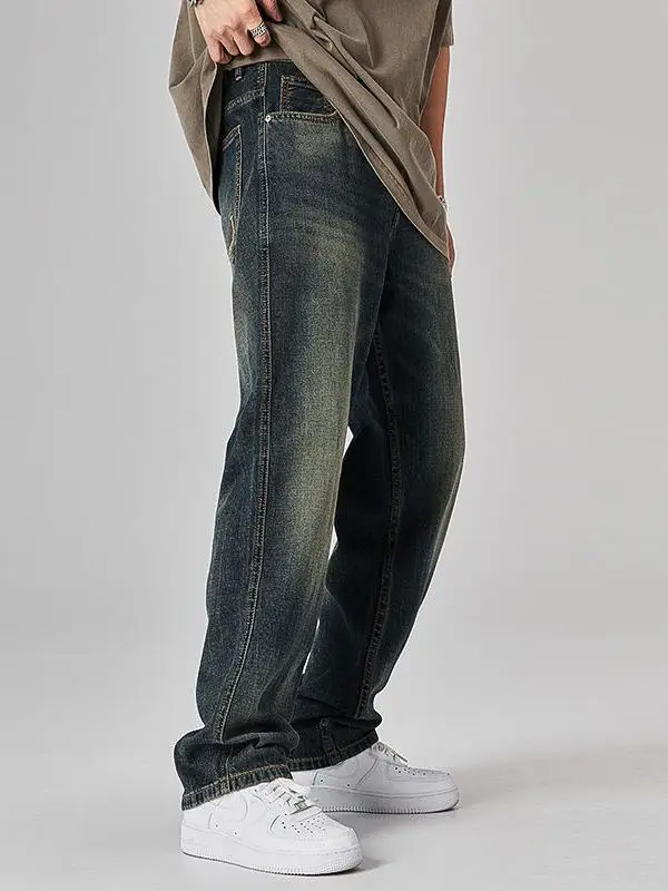 Retro Waed Loose Straight Leg Men's Jeans Spring Autumn New Sle American High Street Trend Brand Casual Long Pants