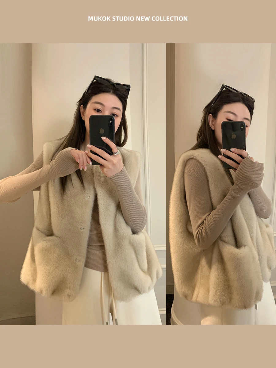 MUKOK Women's Faux Fur Vest round Neck Gathered Soft Cozy Rabbit Skin Pattern City Commute Casual Wear Polyester Fiber