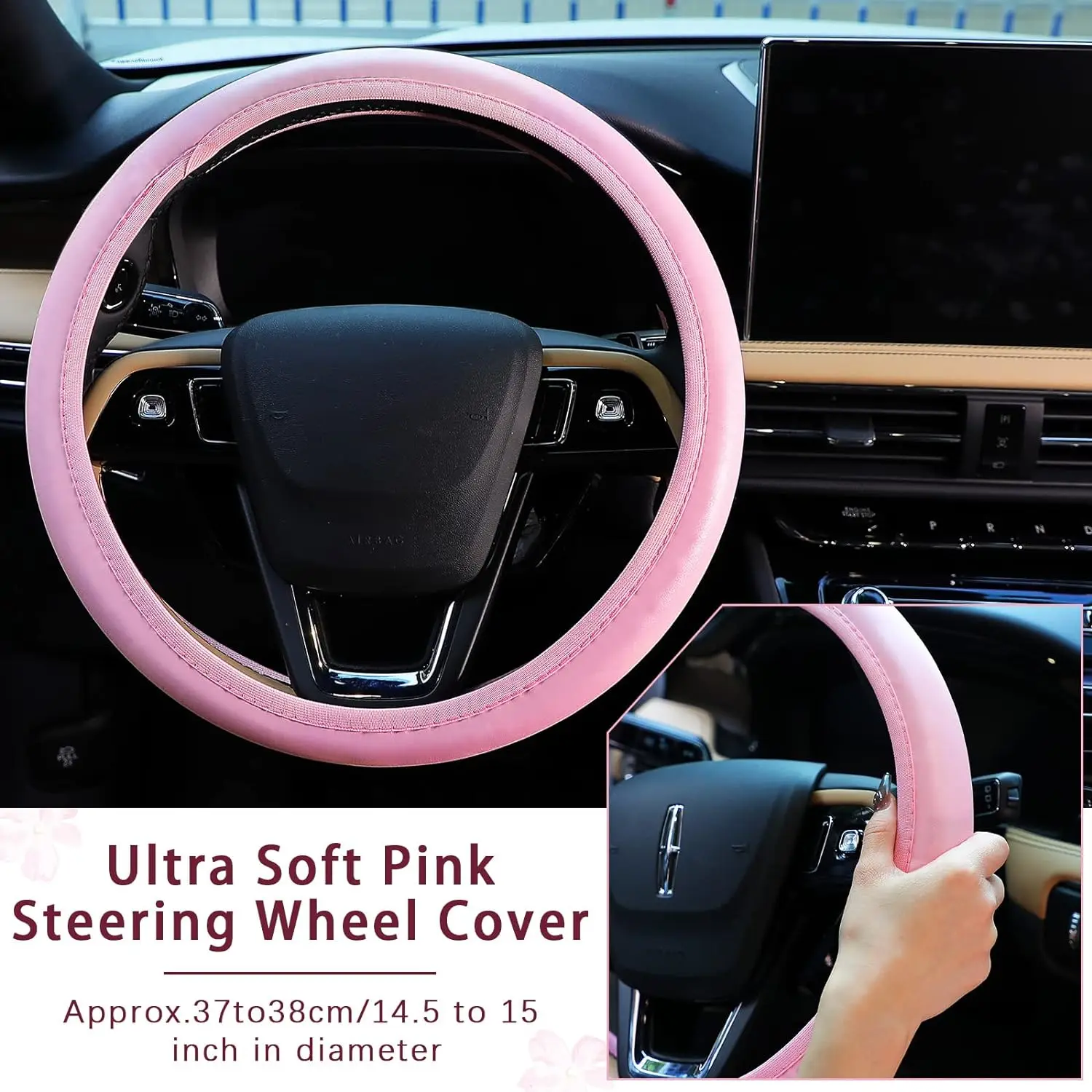 10 pieces of pink leather steering wheel cover - with seat belt cushion, cup holder, flashing button