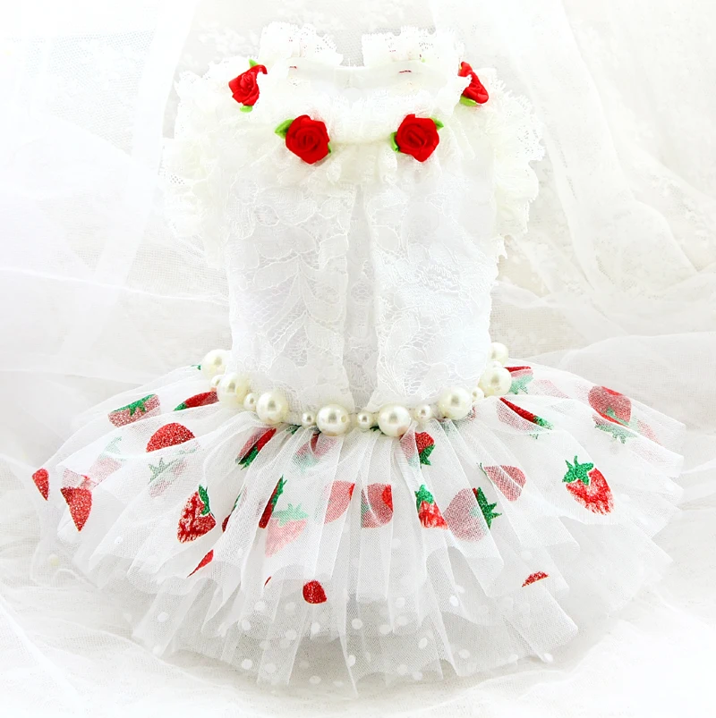 Dog Clothes Pet Supplies Princess Dress White Soft Cotton Lace Hepburn Style Lady Sweet Strawberry Multi Layer Skirt One Piece