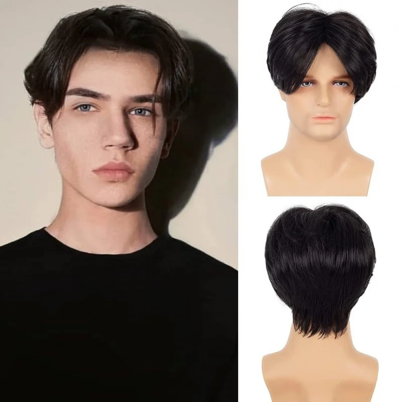

New men's wig, European and American fashion, black, middle-parted, fluffy, high-temperature fiber, rose net