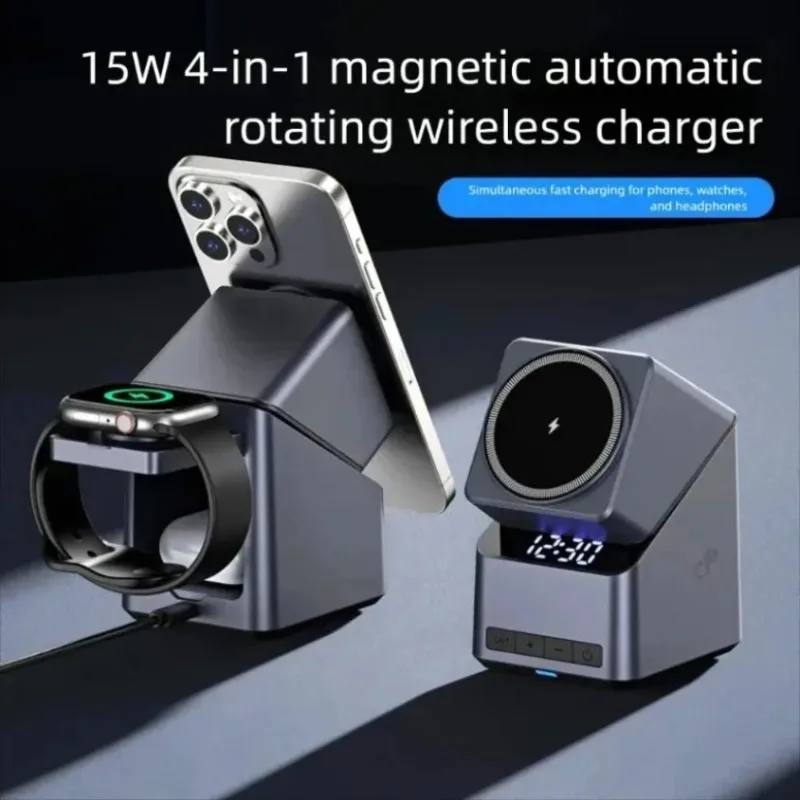 Magnetic 4-IN-1 Wireless Charger Stand Desktop Clock For iPhone 17 16 15 14 13 For iWatch 10/9/8/7/6 AirPods Fast Charging Dock