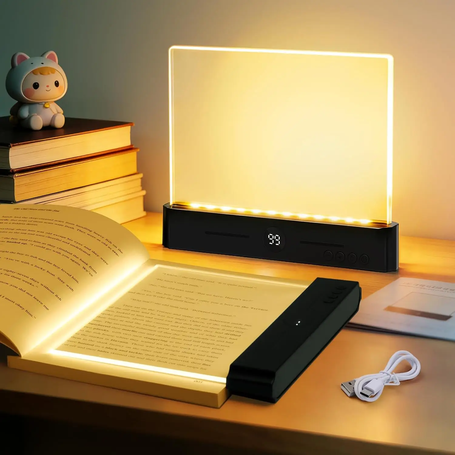 LED Book Light, Rechargeable Clear LED Flat Reading Light with 3 Colors & Timer, Dimmable Panel Plate Lamp Book Full Page Light
