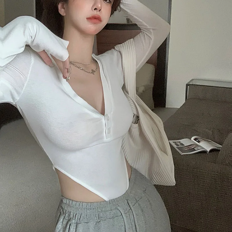 

Rin Confa New Irregular Knitting Tops Women Fashion Short Solid Color Sexy Crop Top V-Neck All-Match Long-Sleeved T-Shirt