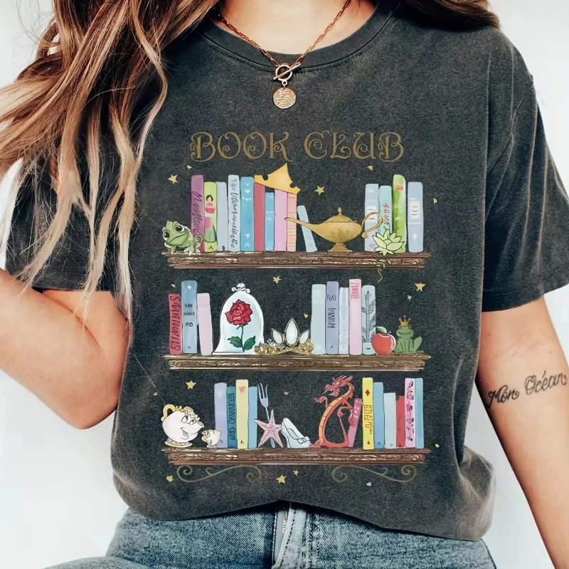 

Disney Belle Book Club T-Shirt Women men Casual Short Sleeve T-Shirt Colorful Bookshelf Pattern Princess Disney Family Shirt