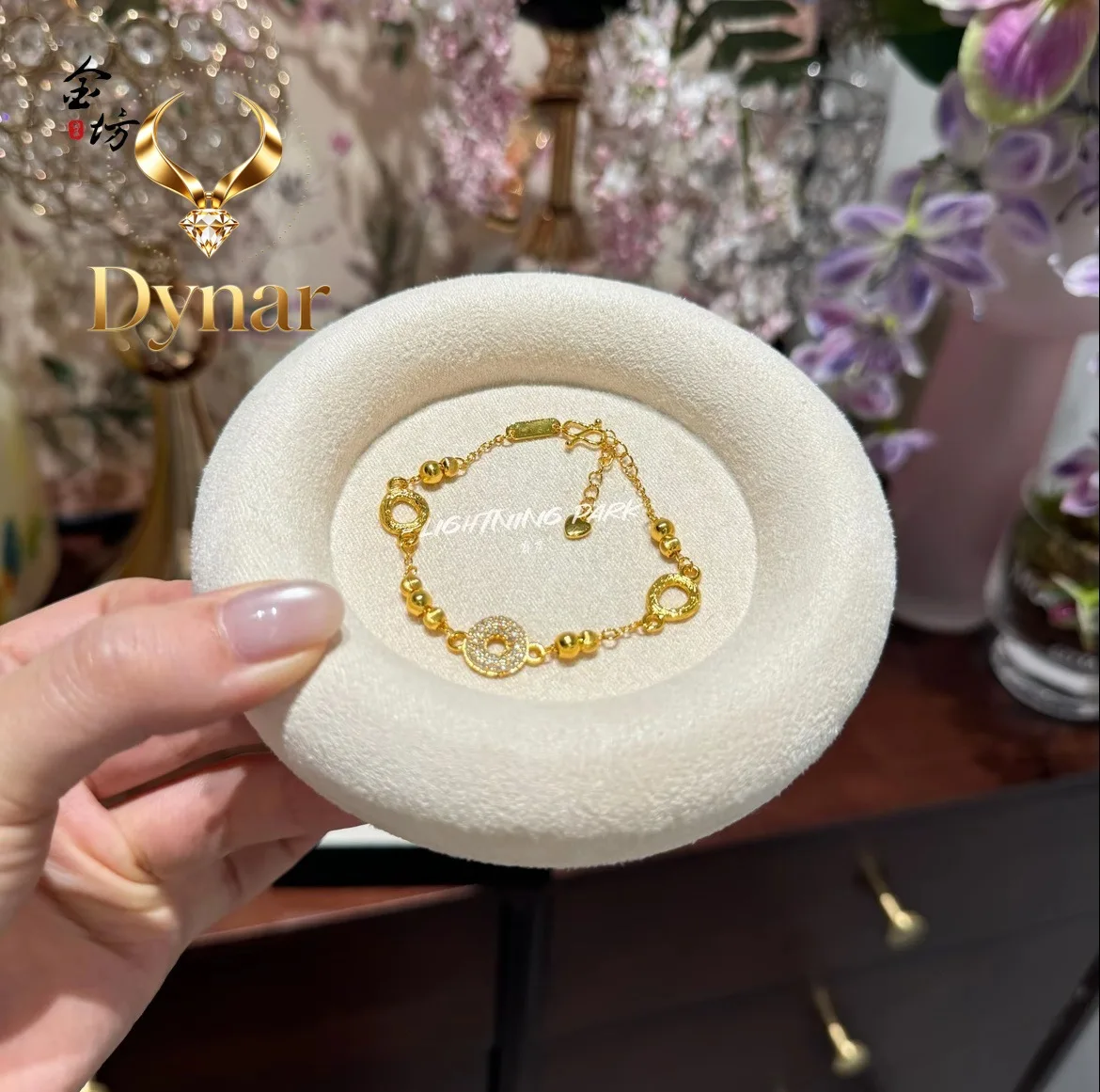 Dynar Jewelry   New product 9999 24K real gold dot diamond donut bracelet light luxury diamond inlaid cat eye round bead bracele