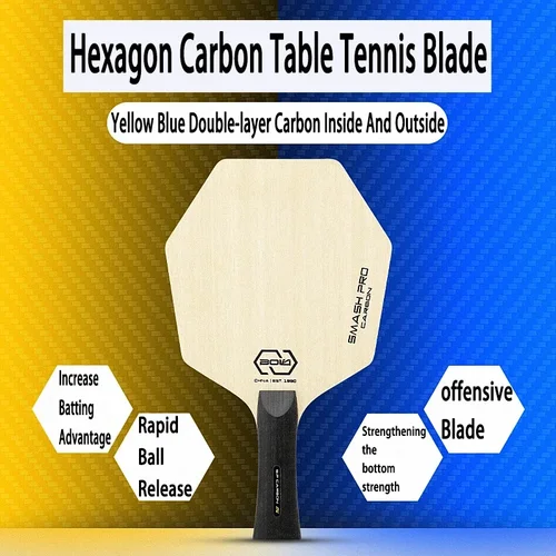 Imagen 2 del producto Paleta de ping pong profesional Ayus de carbono amarillo y azul para aumentar el área de golpear de madera pura hexagonal de 5/7 capas para traducción ofensiva
