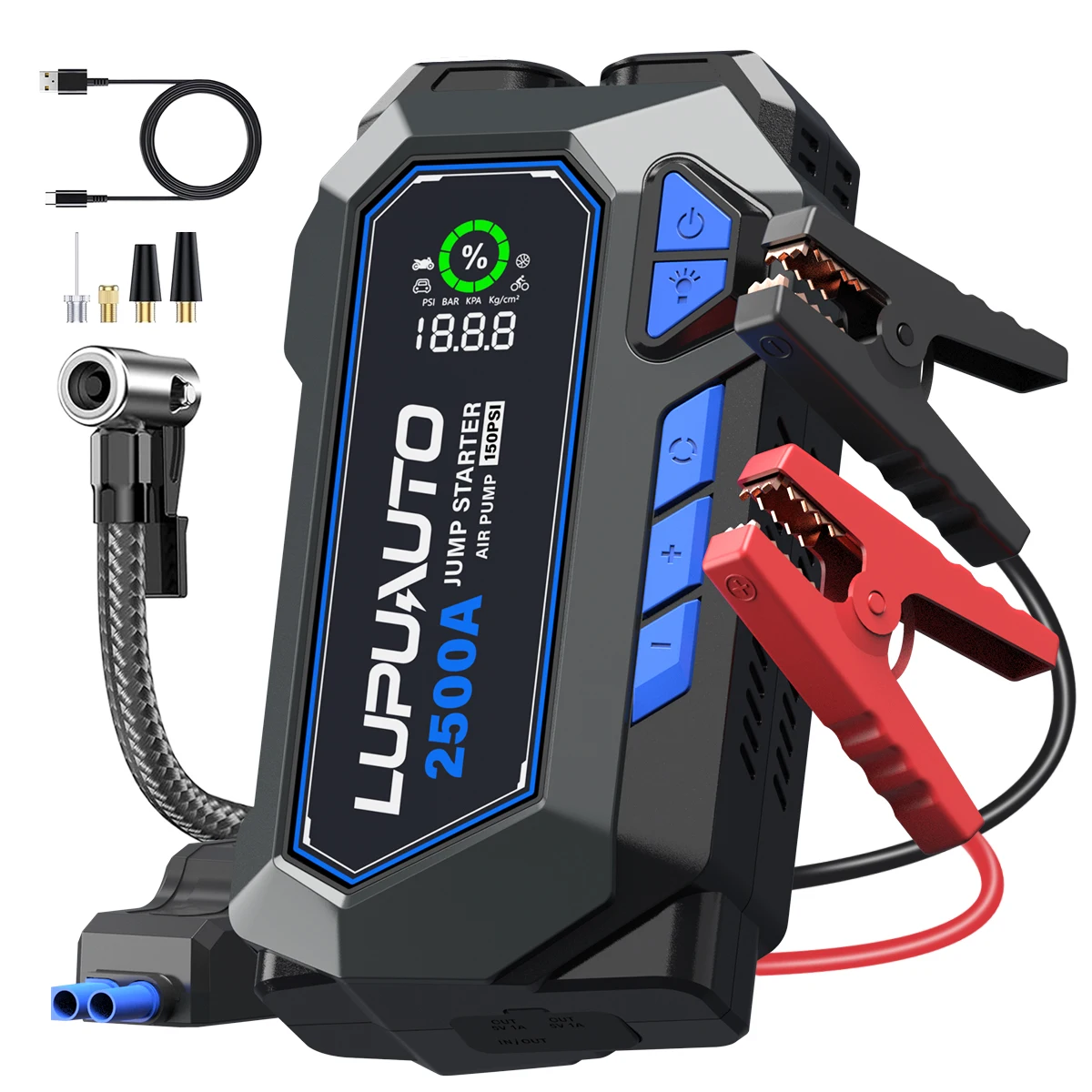

Car Jump Starter with 150PSI Air Compressor Tire Pump 2500A Portable Power Bank Tire Inflator Lighting (7.0 Gas/5.0L Diesel)