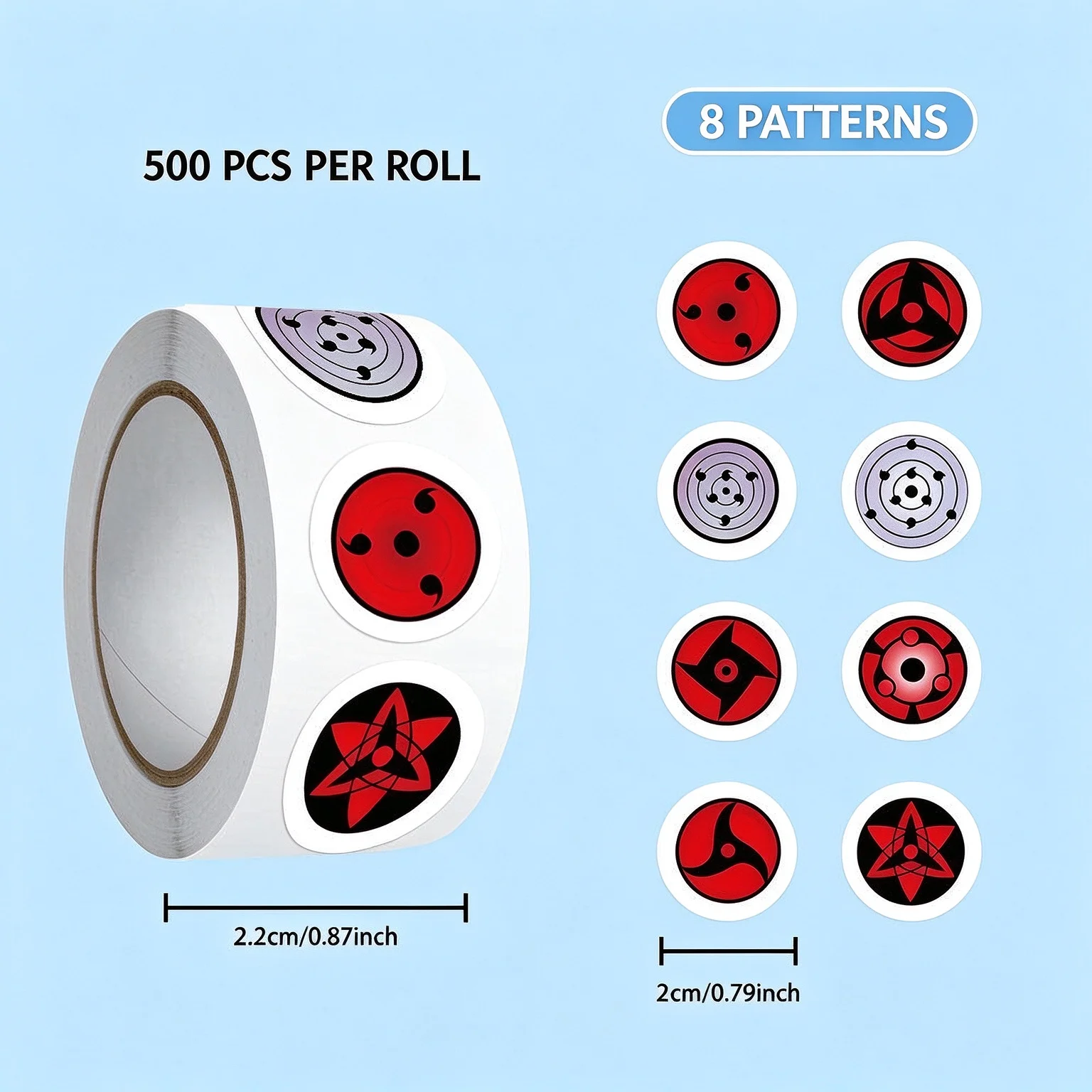 Anime Sharingan Roll Stickers 500Pcs Per Roll 8 Patterns Waterproof Round Decals DIY Decor For Skateboard Luggage Notebook