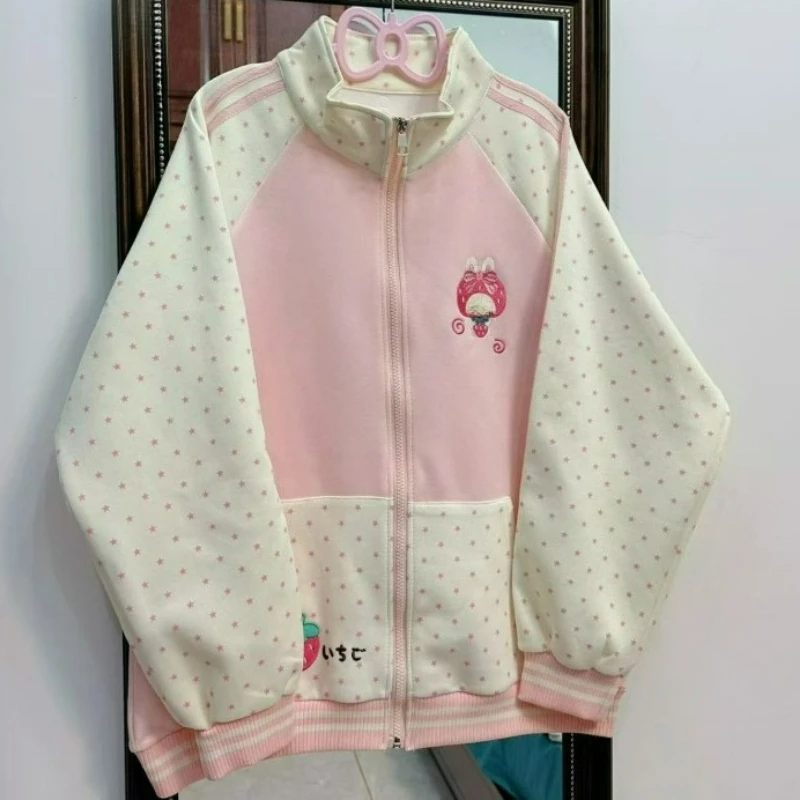 

Японская милая толстовка с вышивкой клубники, женская свободная толстовка с принтом в горошек, в стиле гранж, эстетика Y2K, сказочные толстовки на молнии